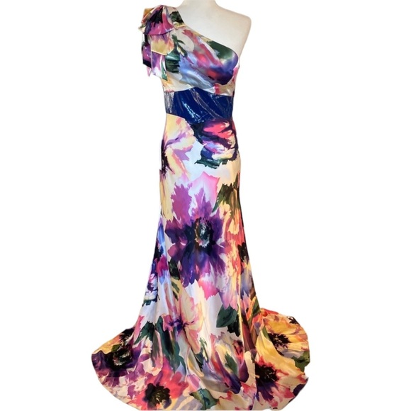 Jovani One Shoulder Floral Gown - Picture 4 of 9